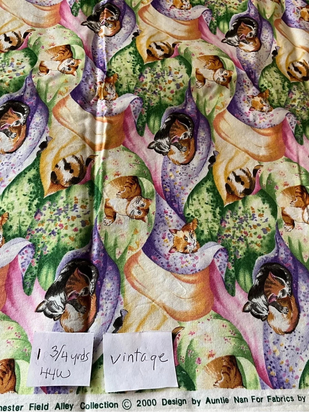 Vintage Quilting Sewing Crafts Fabric Lot Cats Tabby Cotton Orange Black Green